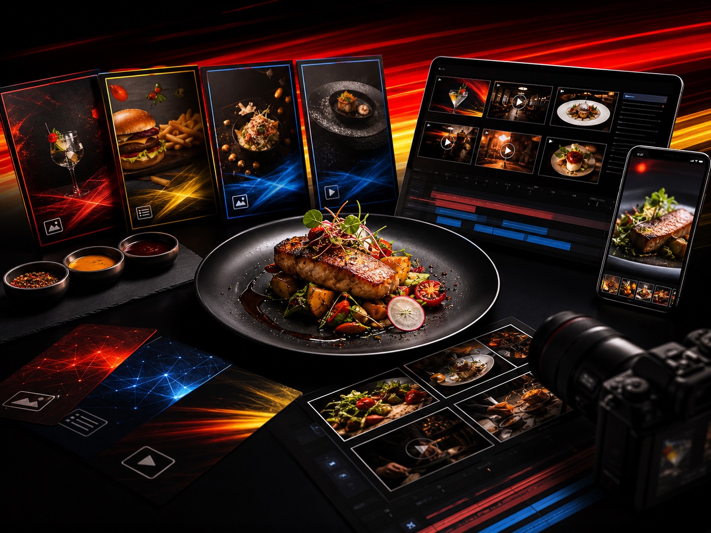 Restaurant kit visual with food, phone preview, and editing screen
