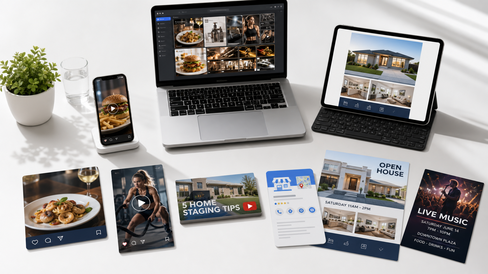 Bright tabletop with laptop, phone, tablet, restaurant post, video cover, Google update, open-house flyer, and event flyer mockups