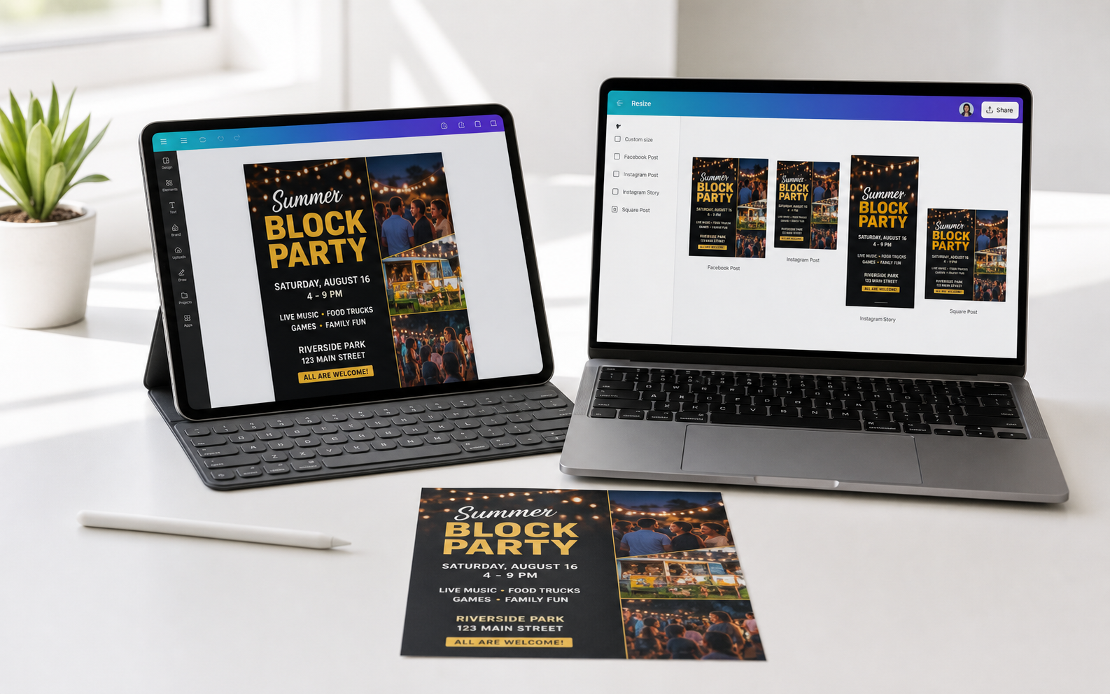 Canva flyer design service mockup with printed flyer and social crops