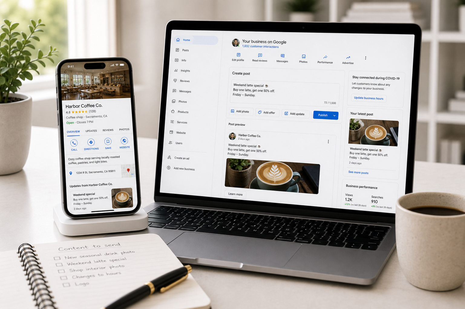 Google Business Profile posting service mockup on laptop and phone