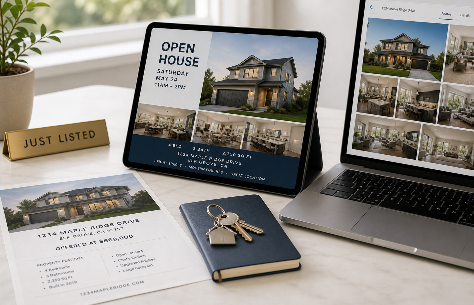 Real estate listing visual service mockup with open house assets