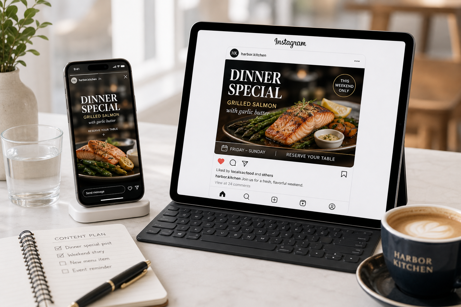 Restaurant social media posts service mockup on tablet and laptop