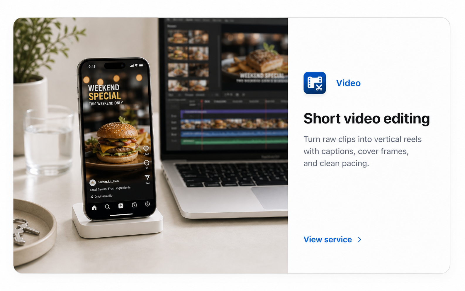 Short video editing service mockup with a reel on phone and laptop