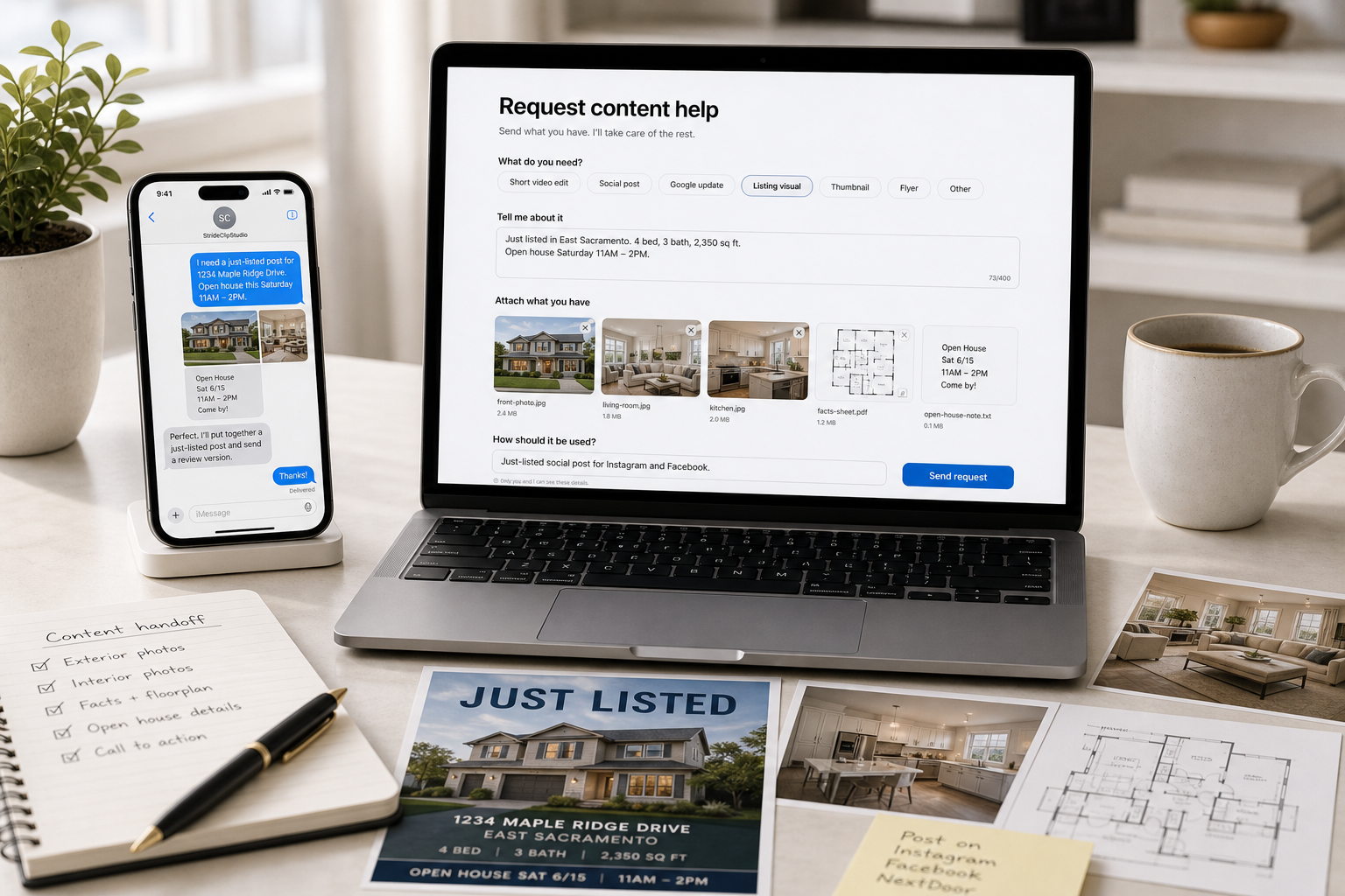 Local business content request mockup with reels, restaurant posts, Google updates, flyers, and listing visuals