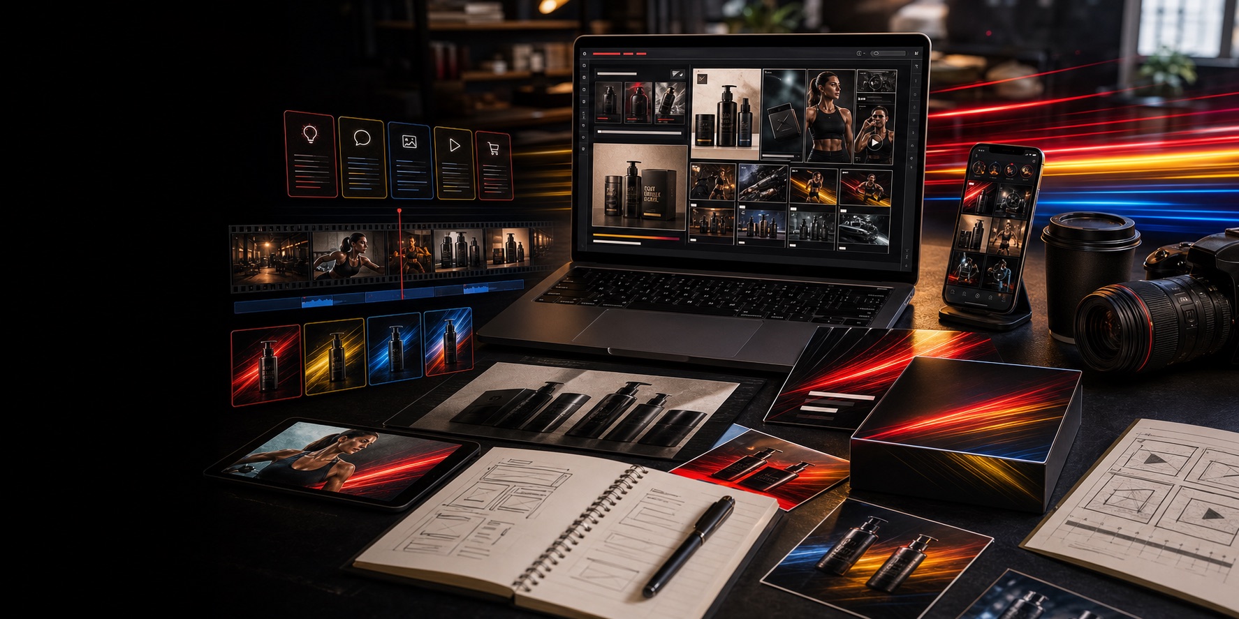 Prompt kit bundle visual with laptop, phone previews, and product mockups