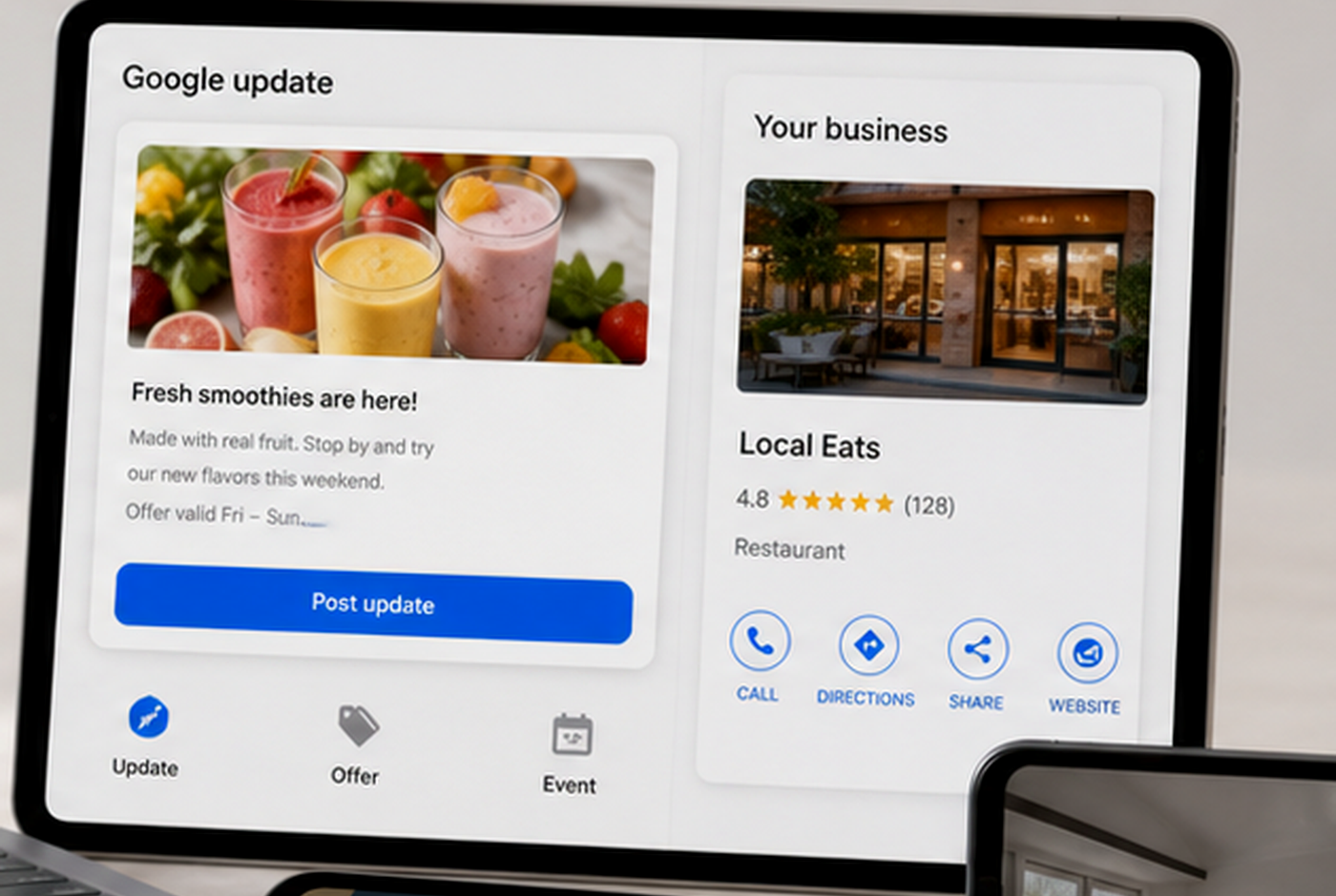 Google Business Profile post and business listing mockup