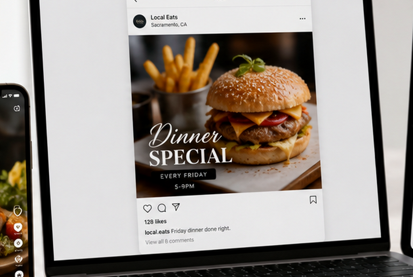 Restaurant social media post mockup on a laptop