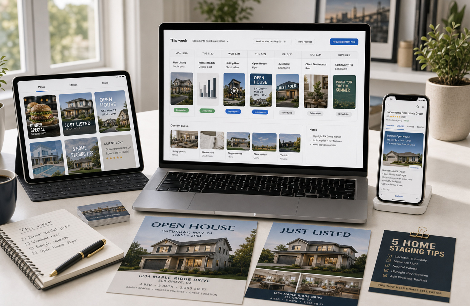 Sacramento local content help mockup with posts, updates, and flyers