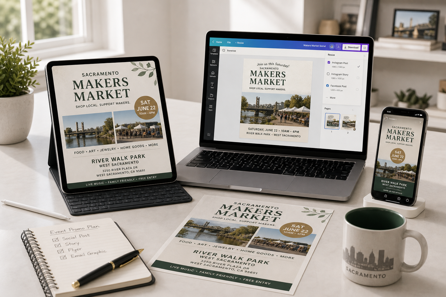 Sacramento Canva flyer design mockup on a tablet