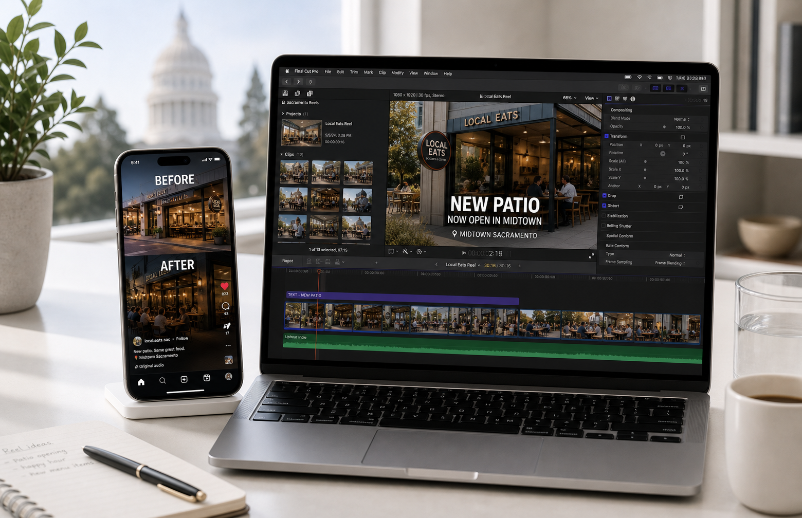 Sacramento video editing service mockup with a vertical reel