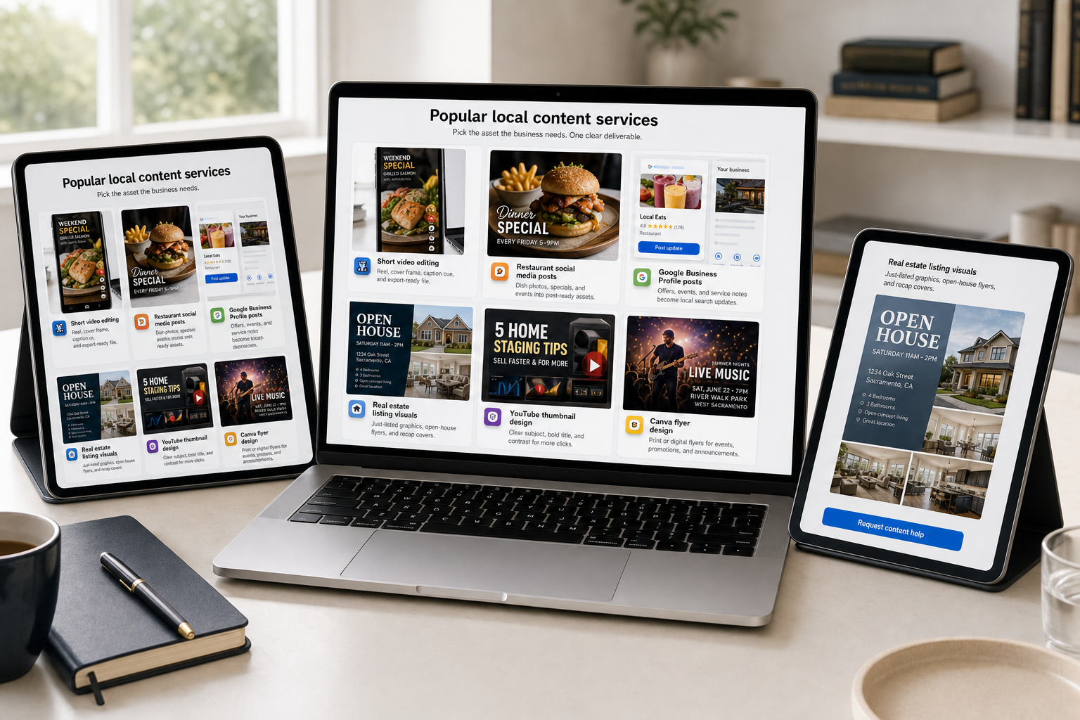 Local business content service mockups for reels, restaurant posts, Google updates, flyers, and listing visuals
