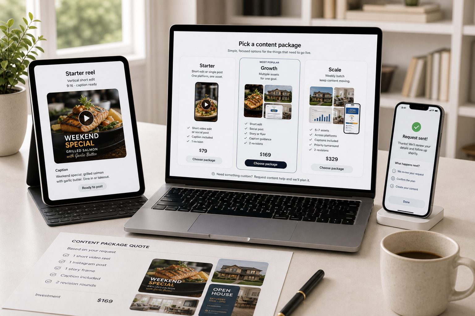 Starter package mockup with flyer and video cover assets
