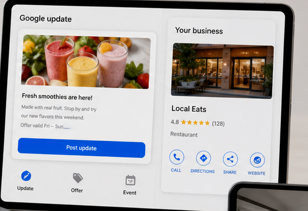 Google Business Profile post and business listing mockup