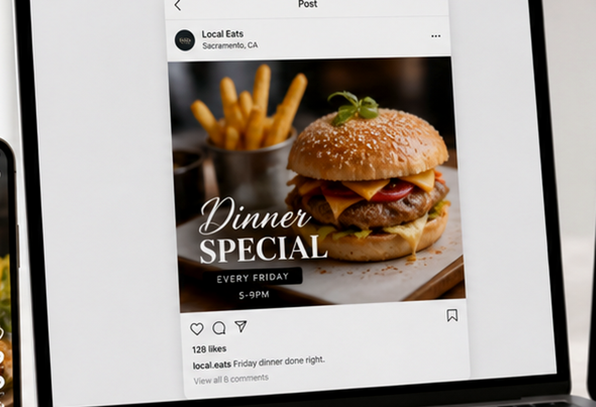 Restaurant social media post mockup on a laptop