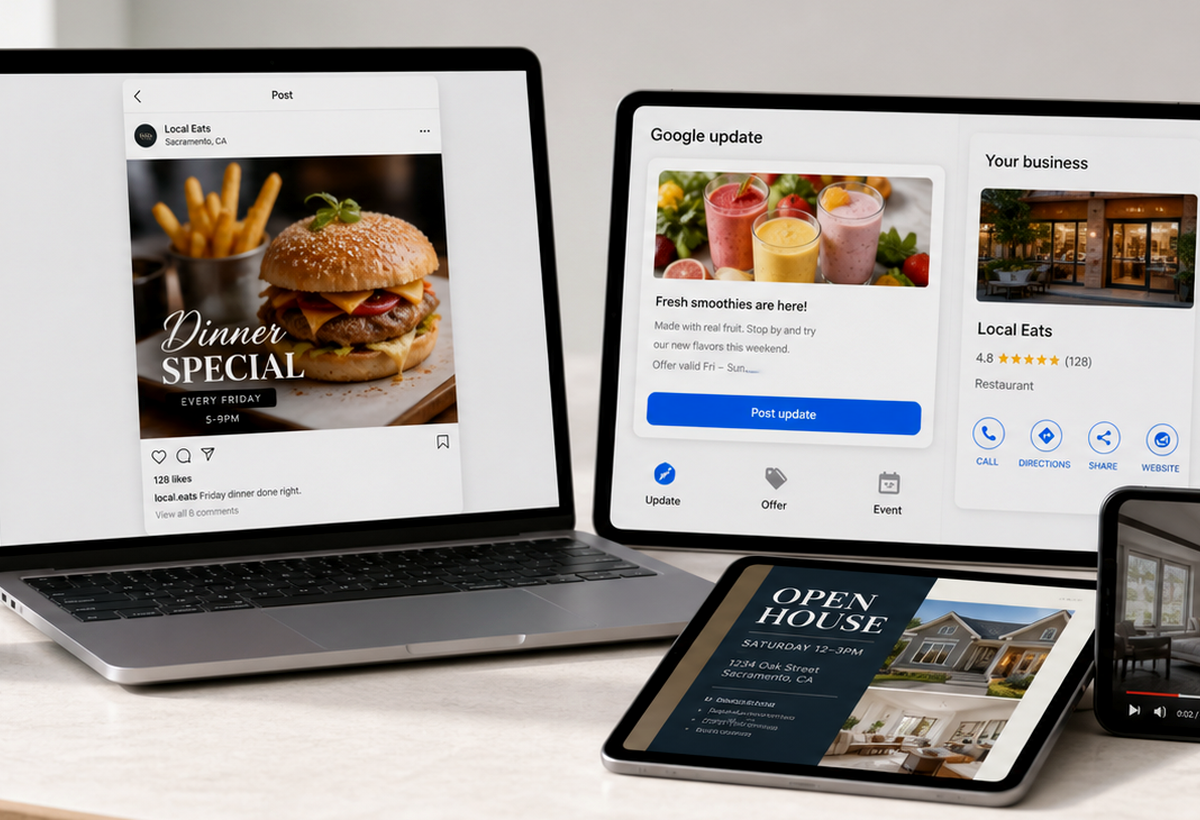 Local business content mockups for restaurant posts, Google updates, flyers, and listing visuals